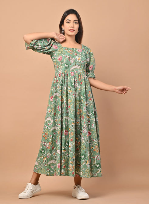 Green Jaal Handblock Print Cotton Dress (CRD03)